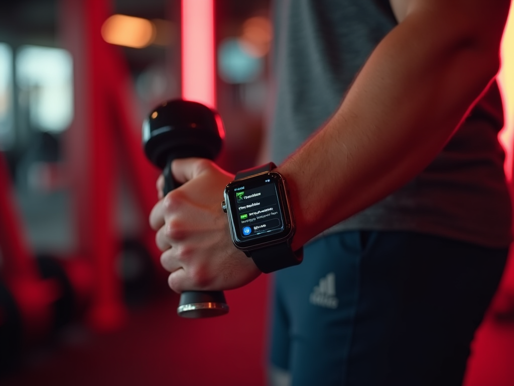 Person lifting dumbbell in gym with a smartwatch displaying text on screen; red ambient lighting.