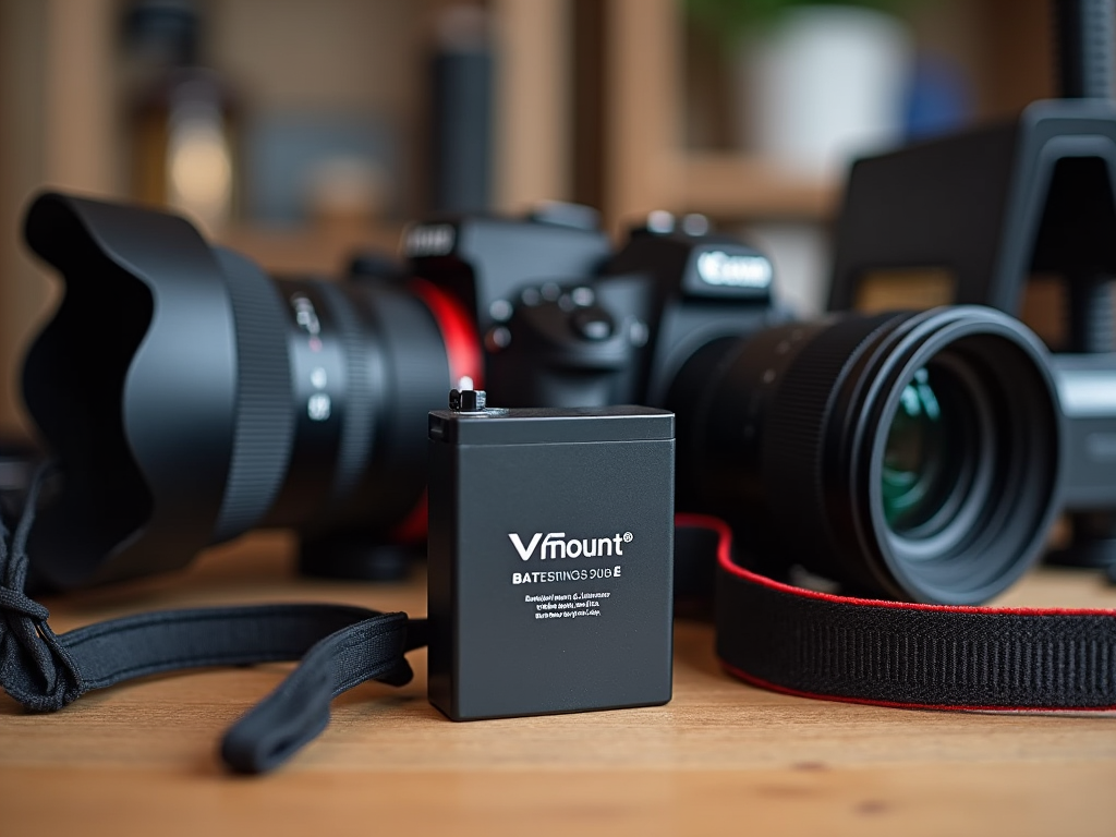 A V-mount battery center-focused with professional cameras and lenses blurred in the background.