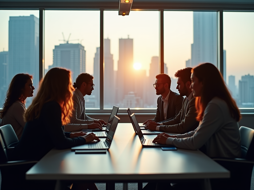 Group of professionals in a meeting at a conference table with laptops against a backdrop of a city skyline at sunset.