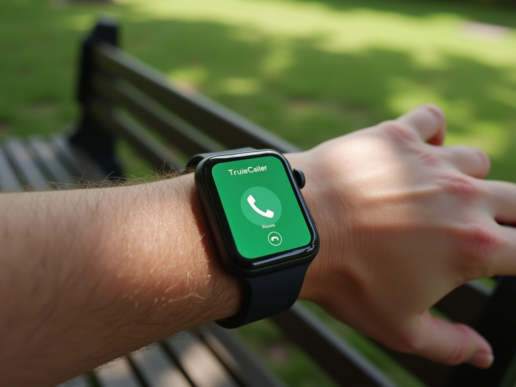 Person wearing a smartwatch with TrueCaller app screen visible, sitting on a park bench.