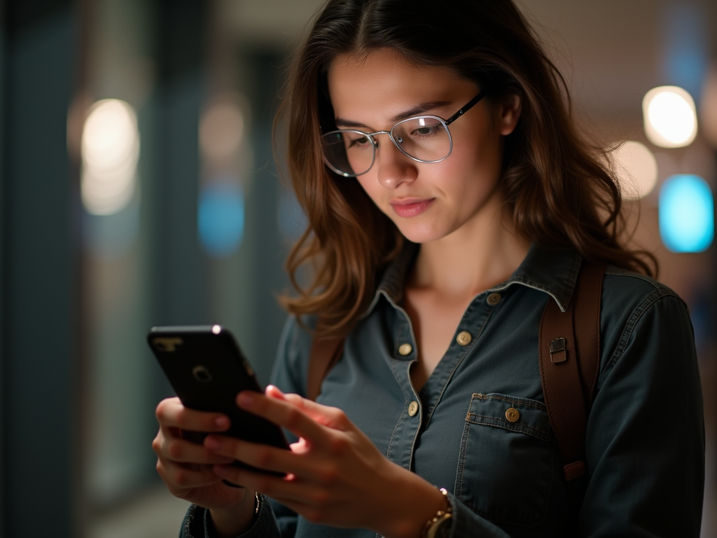 Woman in glasses using smartphone at night with blurred lights in background.