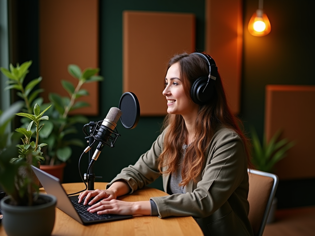 Smiling woman in headphones recording a podcast at a desk with a microphone and laptop.