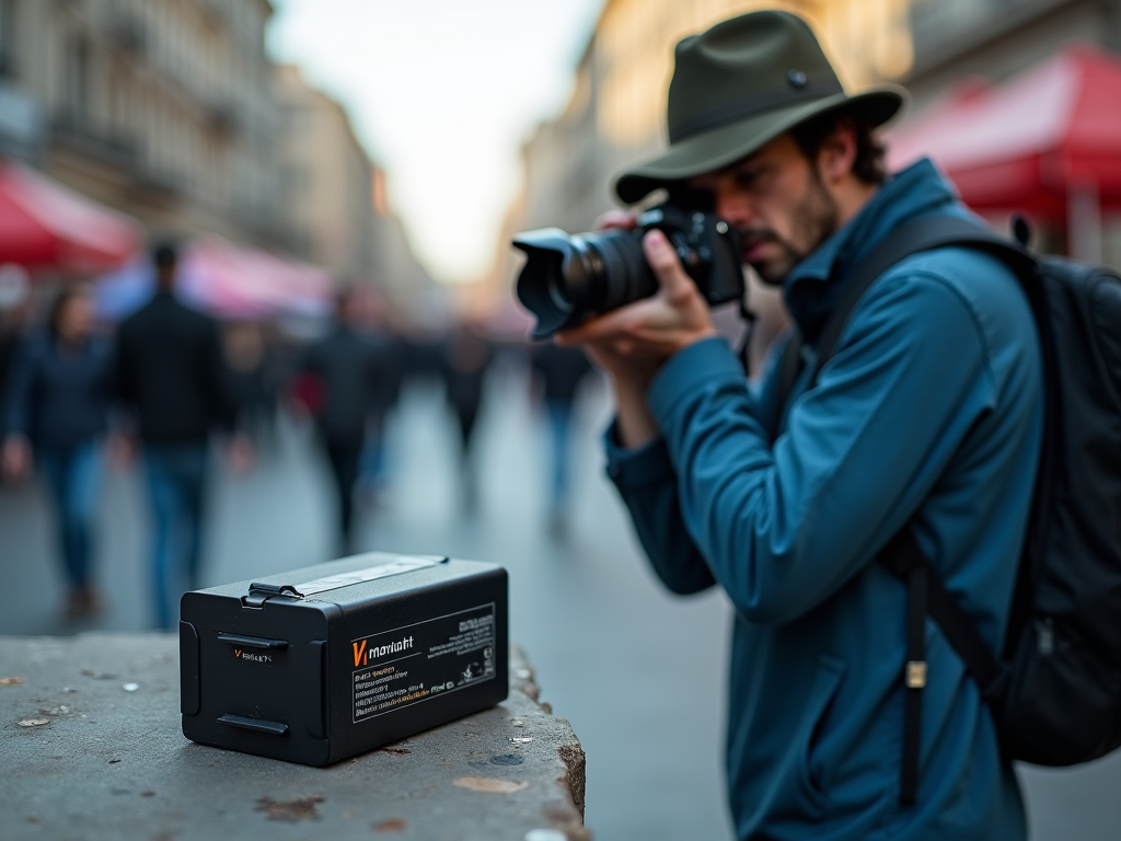 Man with a camera and hat focusing on his shot, with a blurred street scene and a V-mount battery in the foreground.