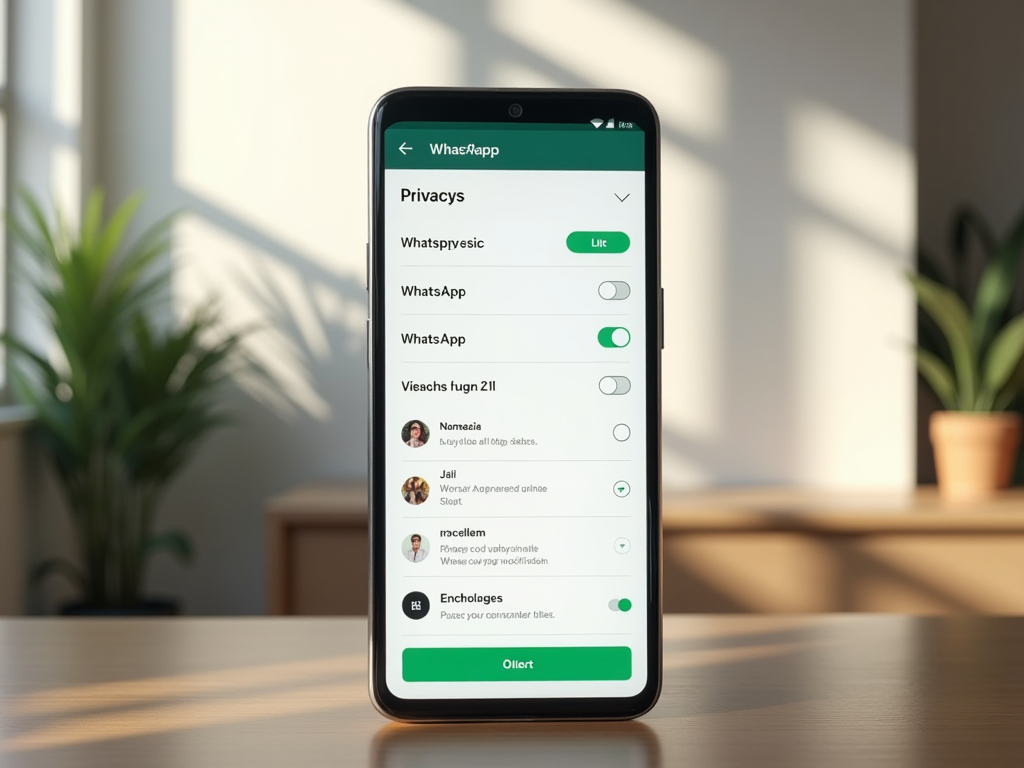Smartphone displaying WhatsApp privacy settings on the screen, placed on a wooden table indoors.