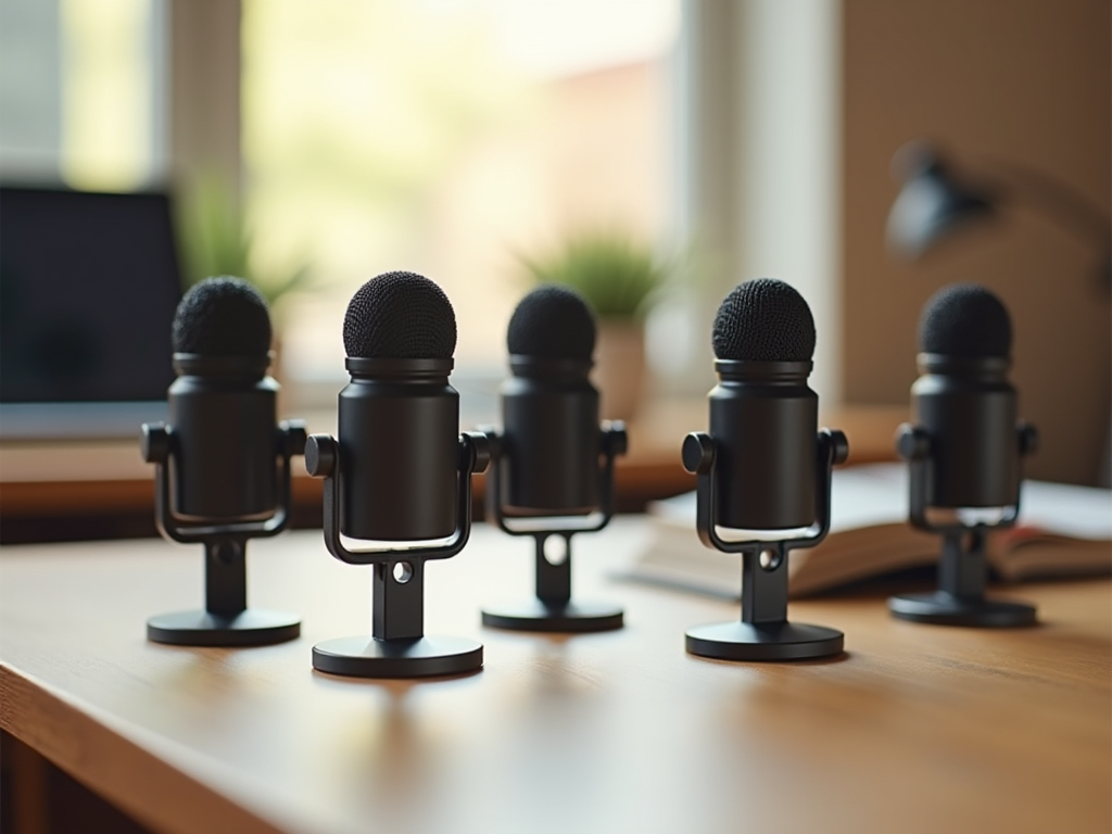 Five black microphones on stands in a row on a wooden desk, soft focus background with a laptop.