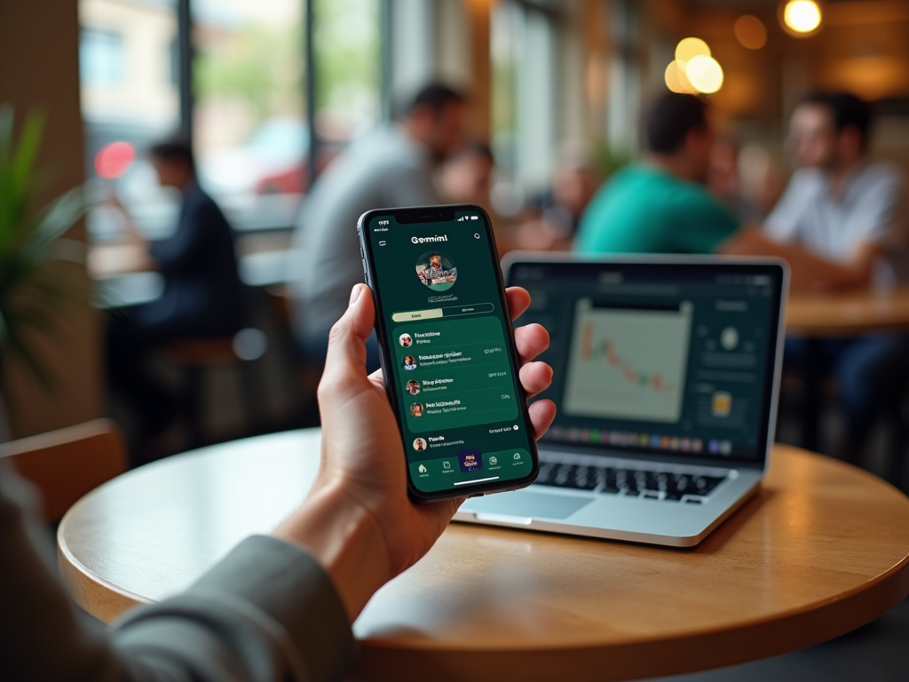 Hand holding smartphone with app open in a busy cafe, laptop with graphs in background.