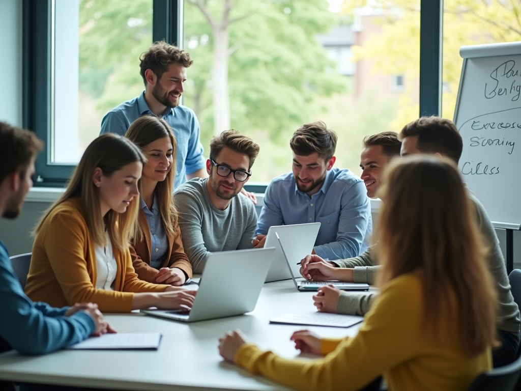 Group of young professionals discussing around laptops in a bright office.