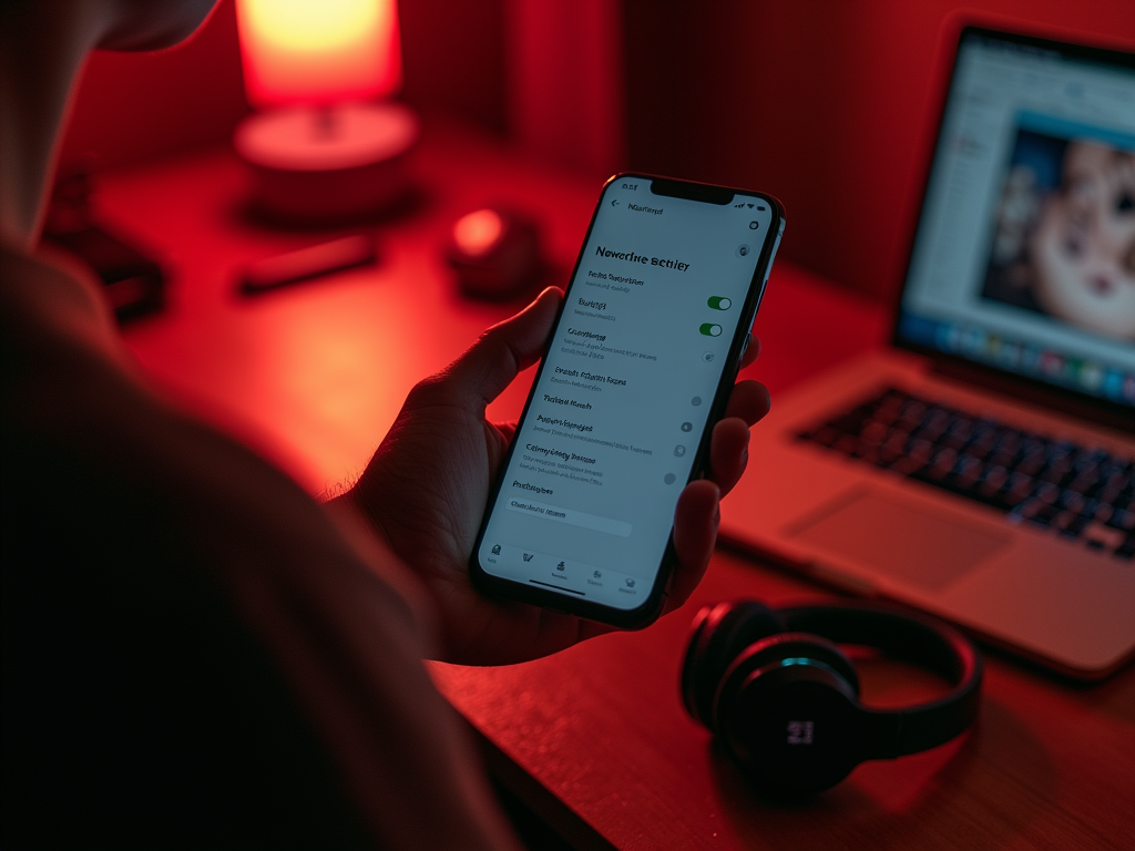 Person using smartphone in a dim room with red lighting, switching settings on the screen, beside a laptop and headphones.