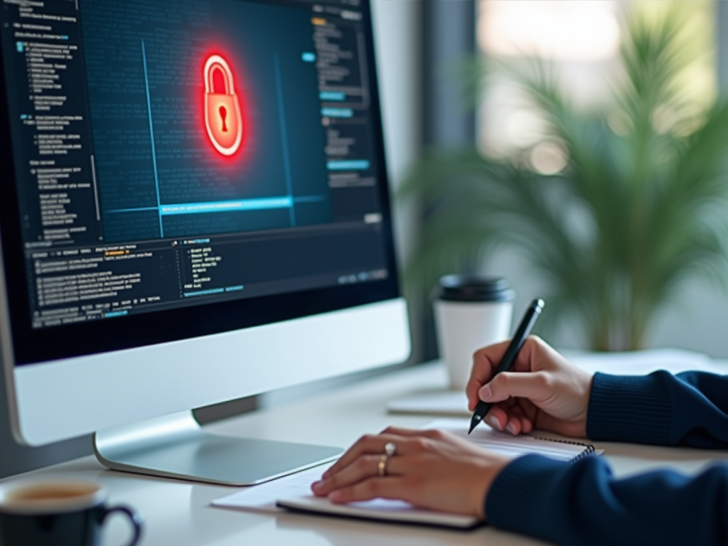 A person analyzing a cybersecurity lock icon on a computer screen, with notes and coffee on the desk.