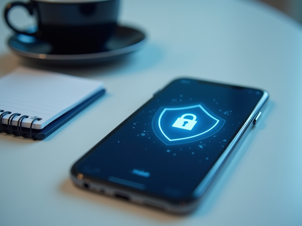 Smartphone displaying a security shield icon, next to a coffee cup and notepad on a desk.