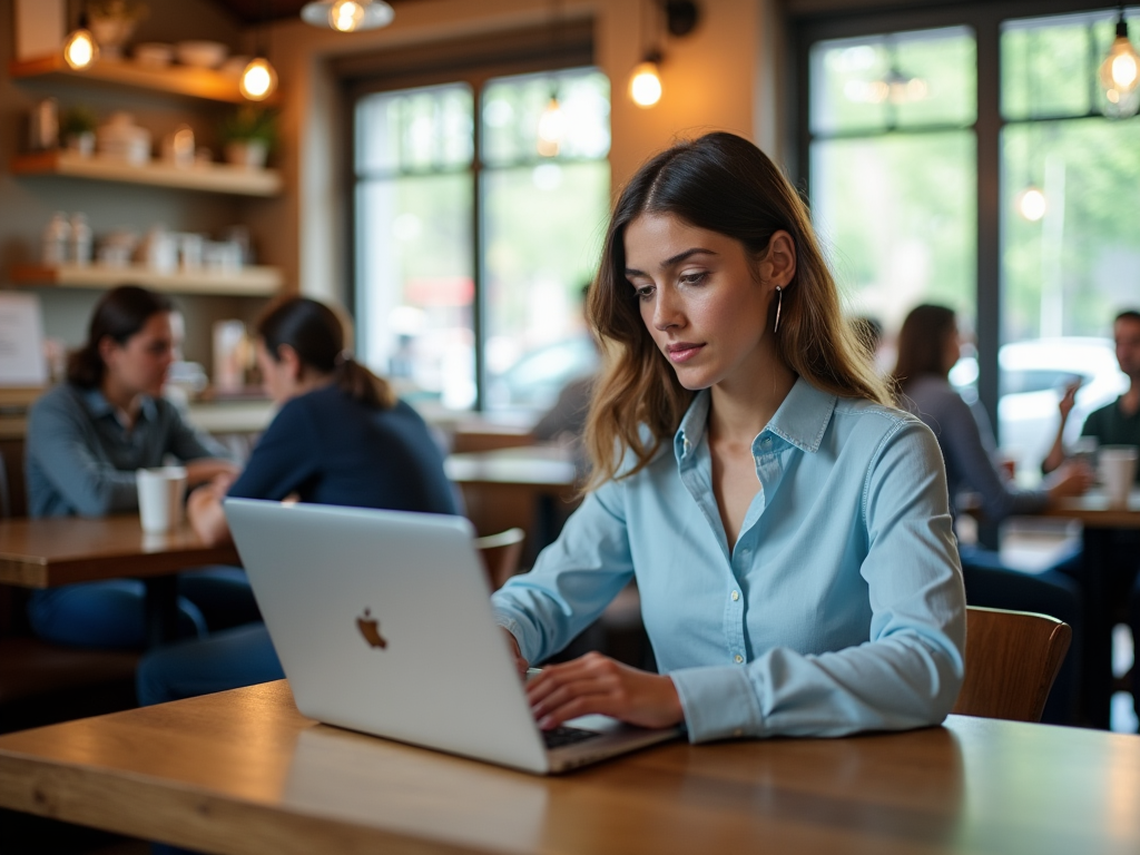 Woman in blue shirt working on laptop in a busy cafe.